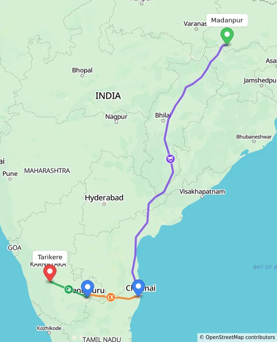Route map showing distance and travel time from Madanpur, India to Tarikere, India