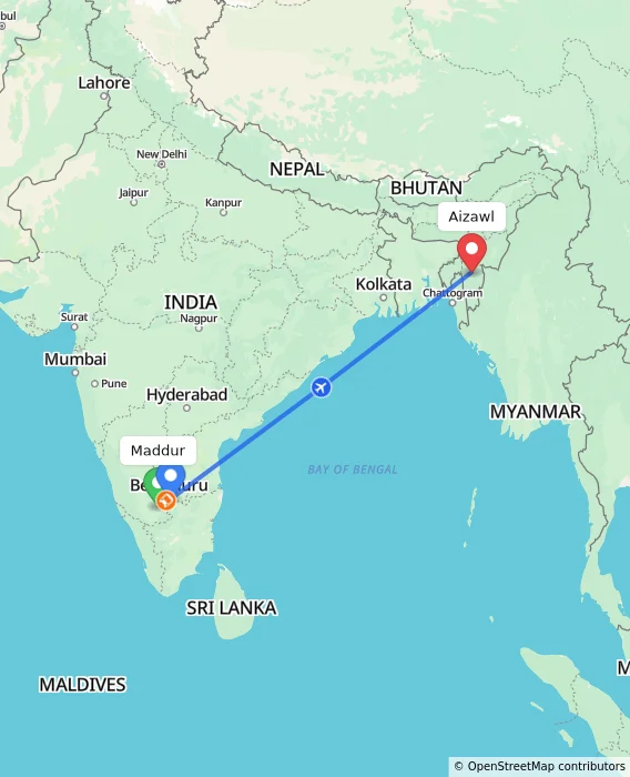 Route map showing distance and travel time from Maddur, India to Aizawl, India