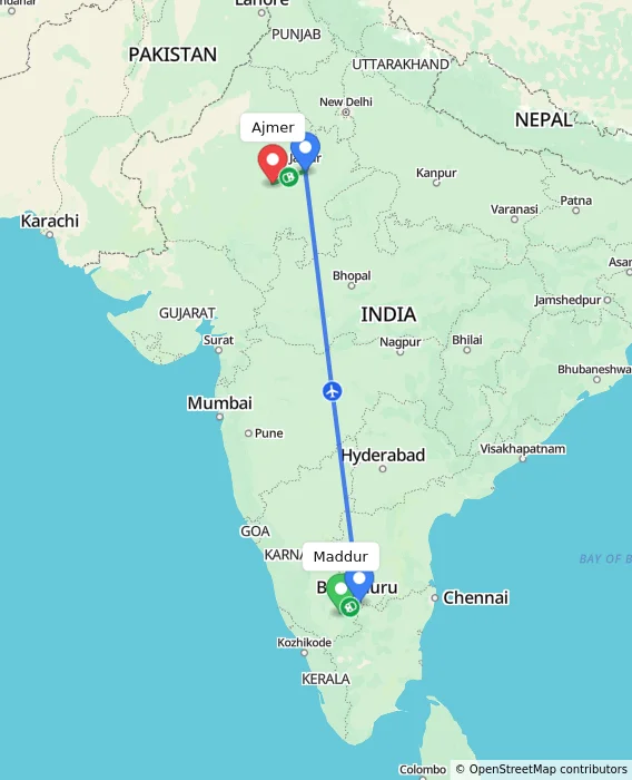 Route map showing distance and travel time from Maddur, India to Ajmer, India