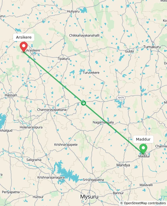 Route map showing distance and travel time from Maddur, India to Arsikere, India