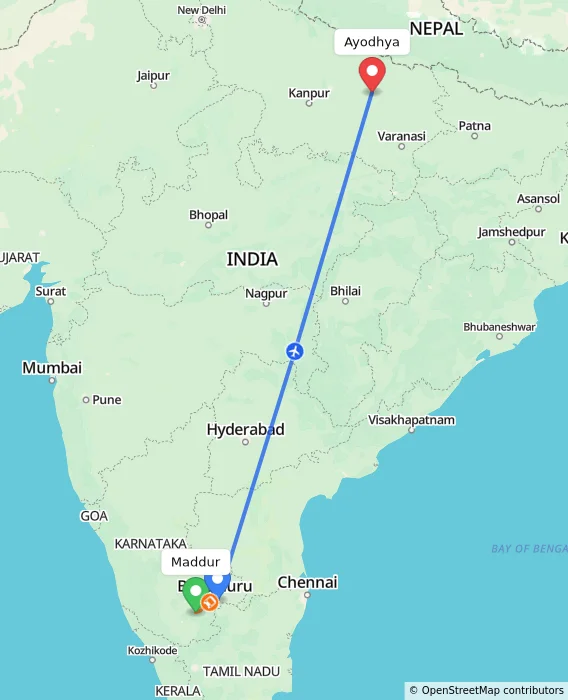 Route map showing distance and travel time from Maddur, India to Ayodhya, India