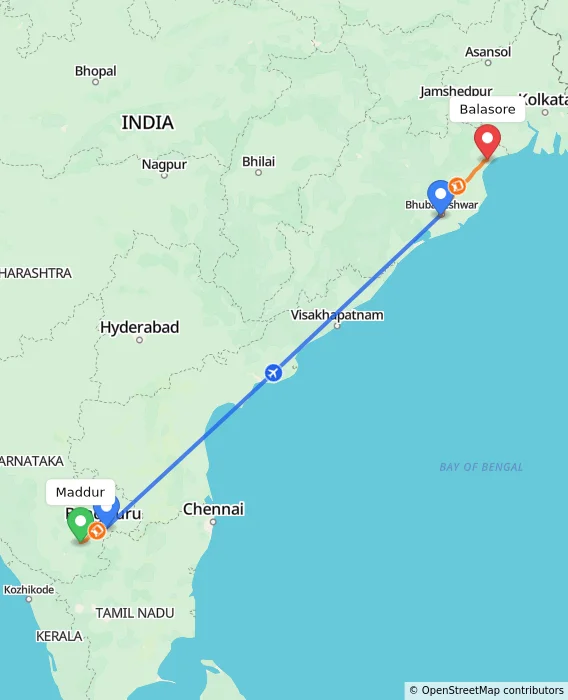 Route map showing distance and travel time from Maddur, India to Balasore, India