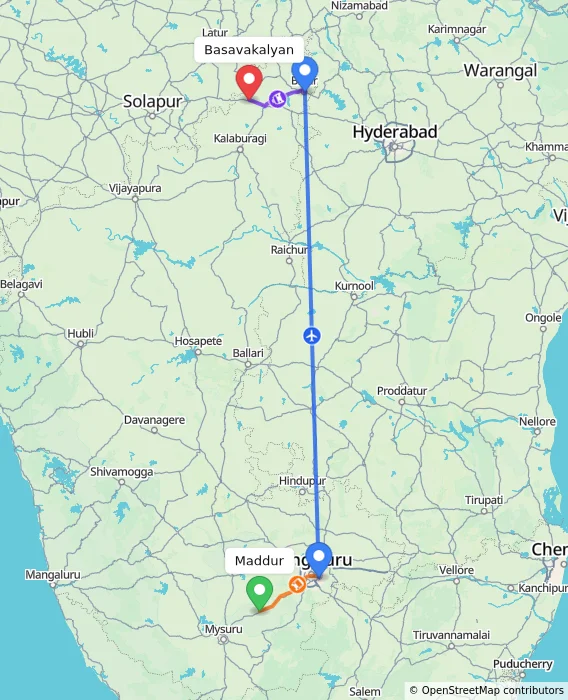 Route map showing distance and travel time from Maddur, India to Basavakalyan, India