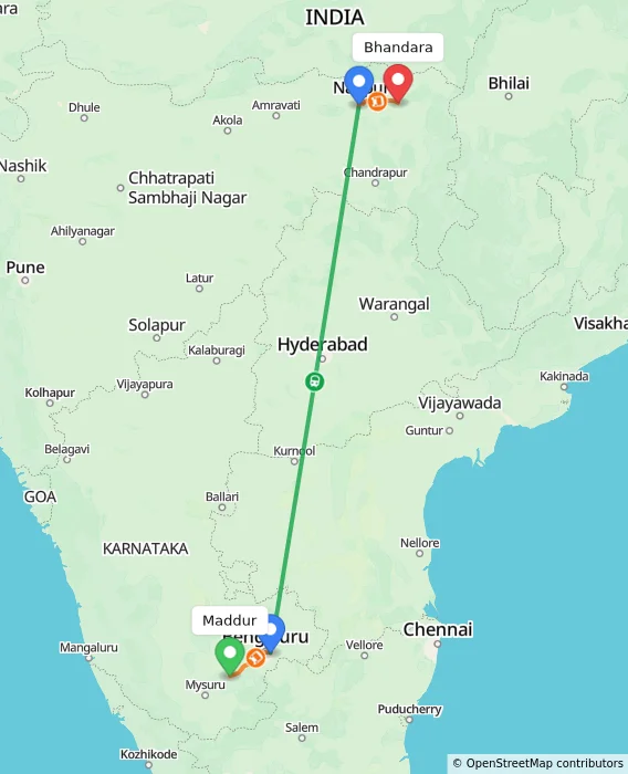 Route map showing distance and travel time from Maddur, India to Bhandara, India