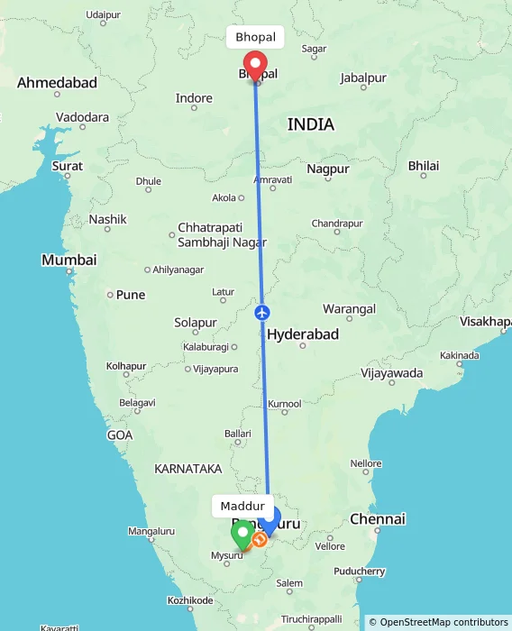 Route map showing distance and travel time from Maddur, India to Bhopal, India