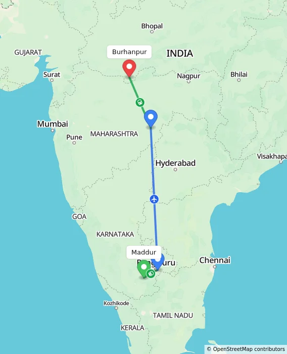 Route map showing distance and travel time from Maddur, India to Burhanpur, India