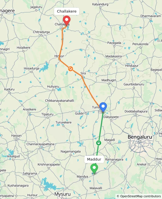 Route map showing distance and travel time from Maddur, India to Challakere, India