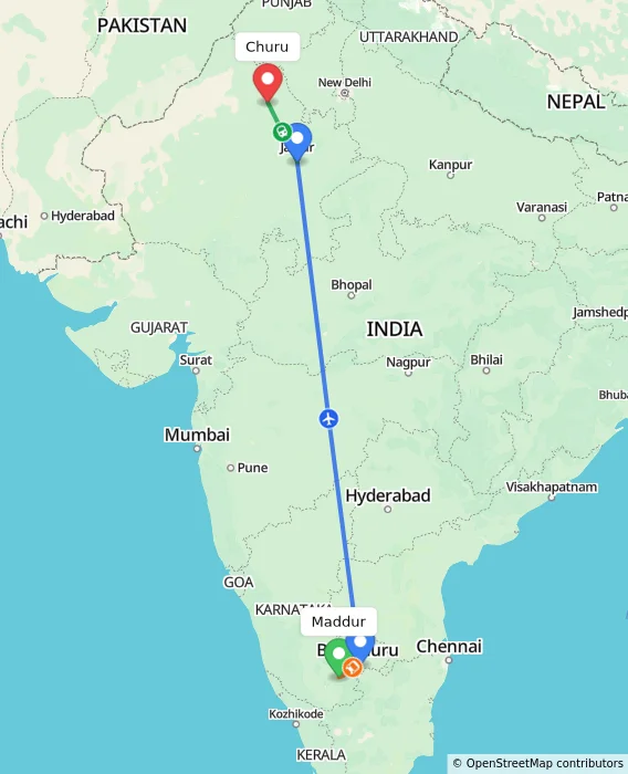 Route map showing distance and travel time from Maddur, India to Churu, India