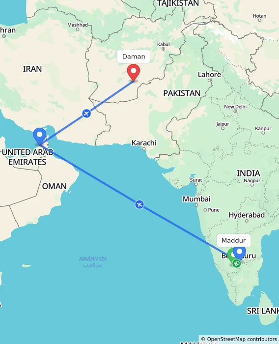 Route map showing distance and travel time from Maddur, India to Daman, Afghanistan