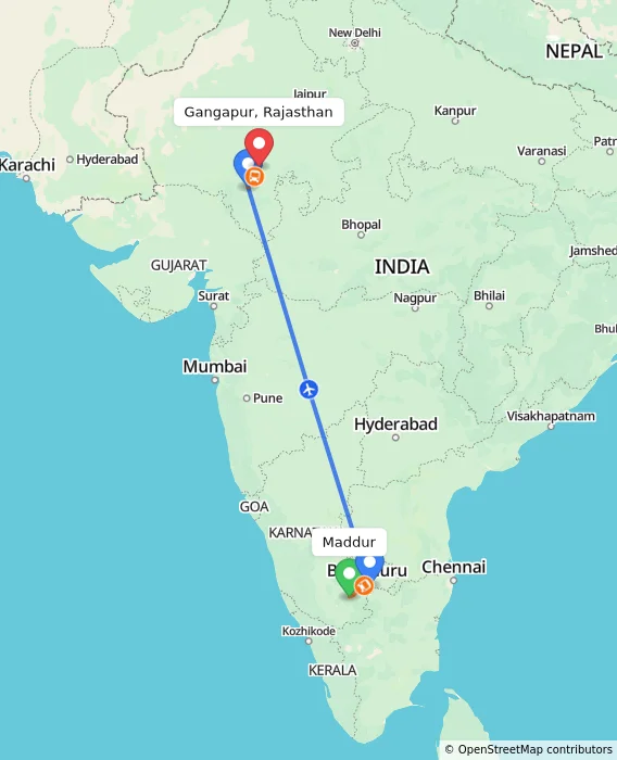 Route map showing distance and travel time from Maddur, India to Gangapur, Rajasthan, India