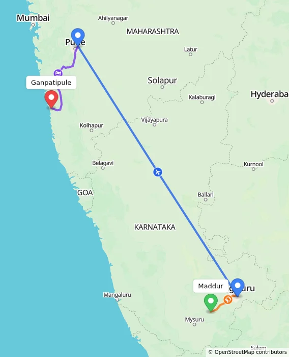 Route map showing distance and travel time from Maddur, India to Ganpatipule, India