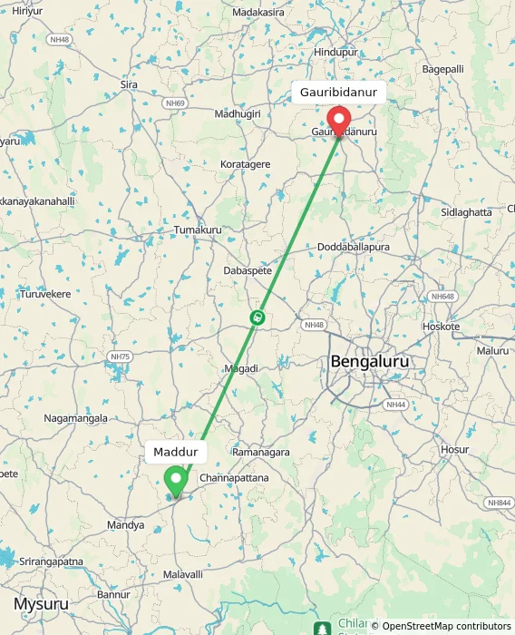 Route map showing distance and travel time from Maddur, India to Gauribidanur, India