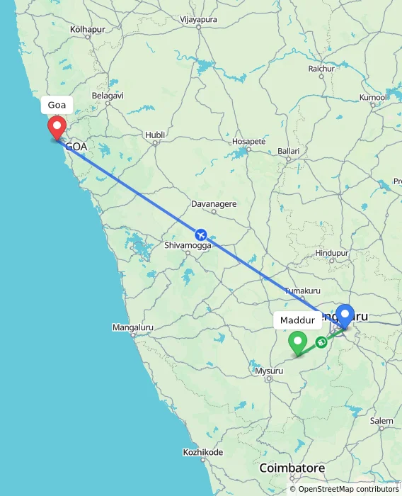 Route map showing distance and travel time from Maddur, India to Goa, India