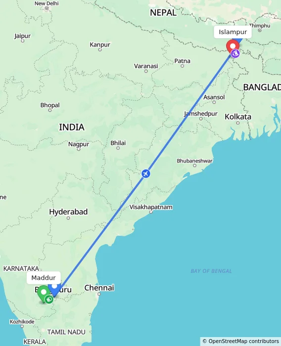 Route map showing distance and travel time from Maddur, India to Islampur, India