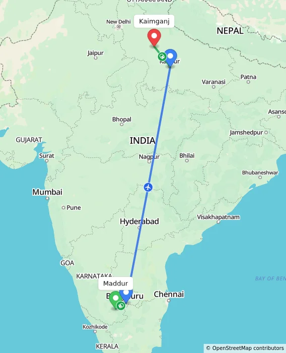Route map showing distance and travel time from Maddur, India to Kaimganj, India