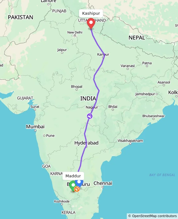 Route map showing distance and travel time from Maddur, India to Kashipur, India