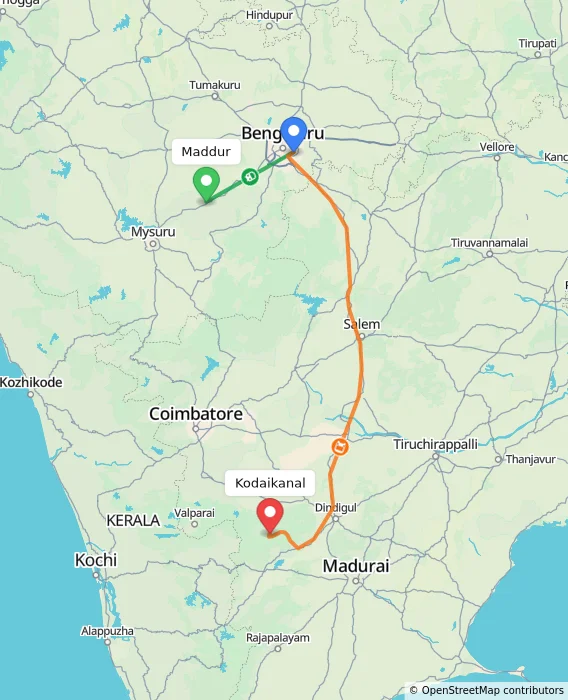 Route map showing distance and travel time from Maddur, India to Kodaikanal, India