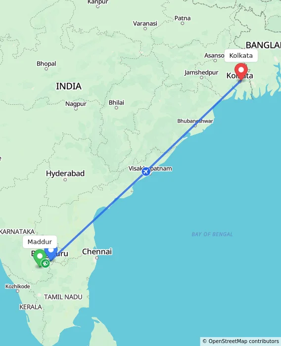 Route map showing distance and travel time from Maddur, India to Kolkata, India
