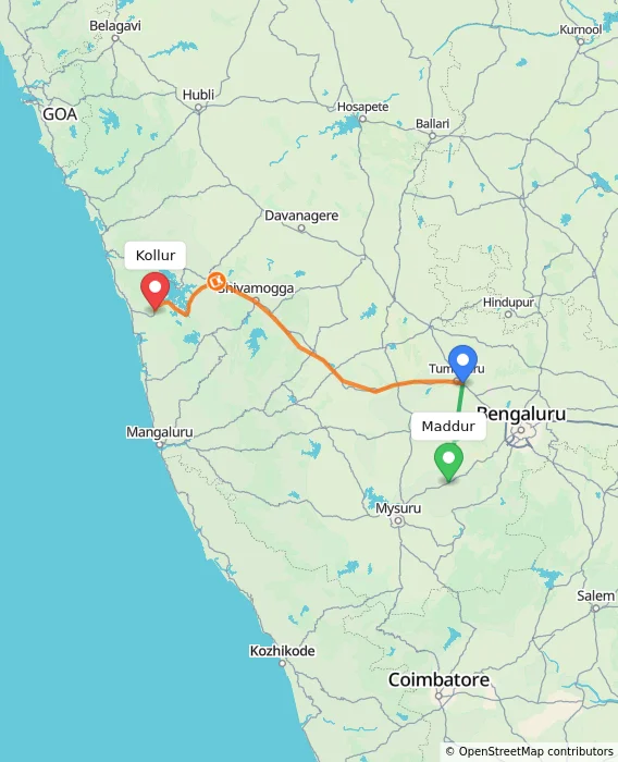 Route map showing distance and travel time from Maddur, India to Kollur, India