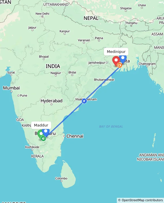 Route map showing distance and travel time from Maddur, India to Medinipur, India