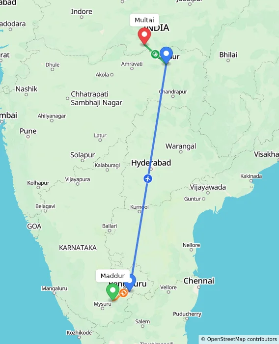 Route map showing distance and travel time from Maddur, India to Multai, India