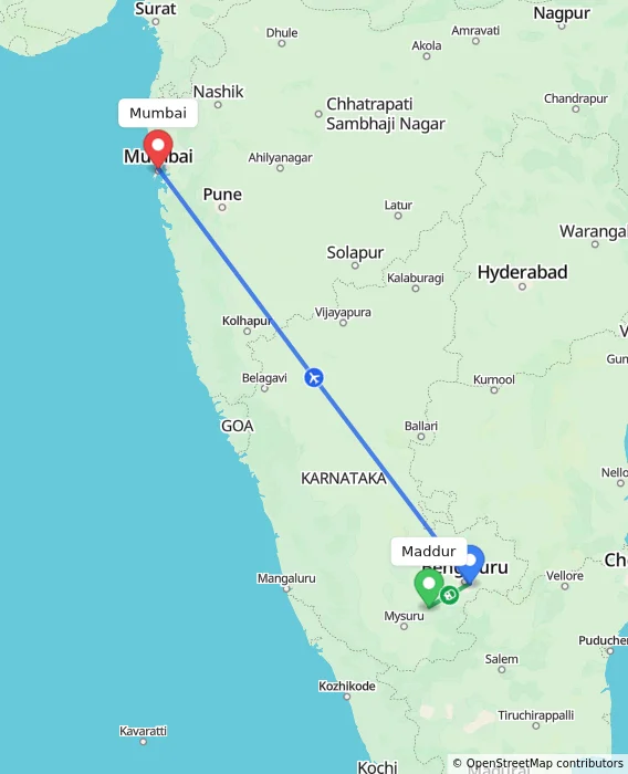 Route map showing distance and travel time from Maddur, India to Mumbai, India