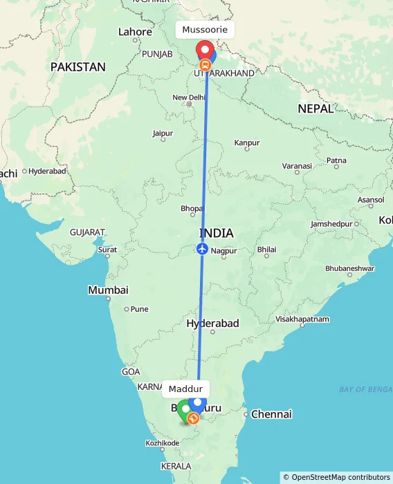 Route map showing distance and travel time from Maddur, India to Mussoorie, India