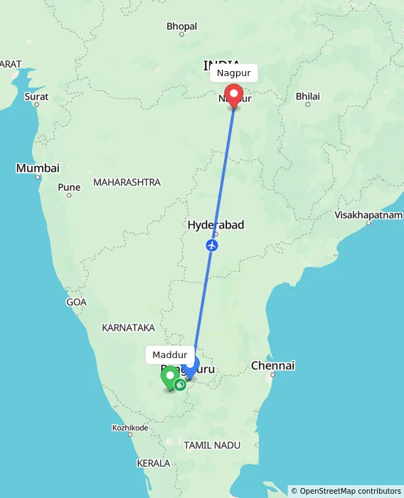 Route map showing distance and travel time from Maddur, India to Nagpur, India