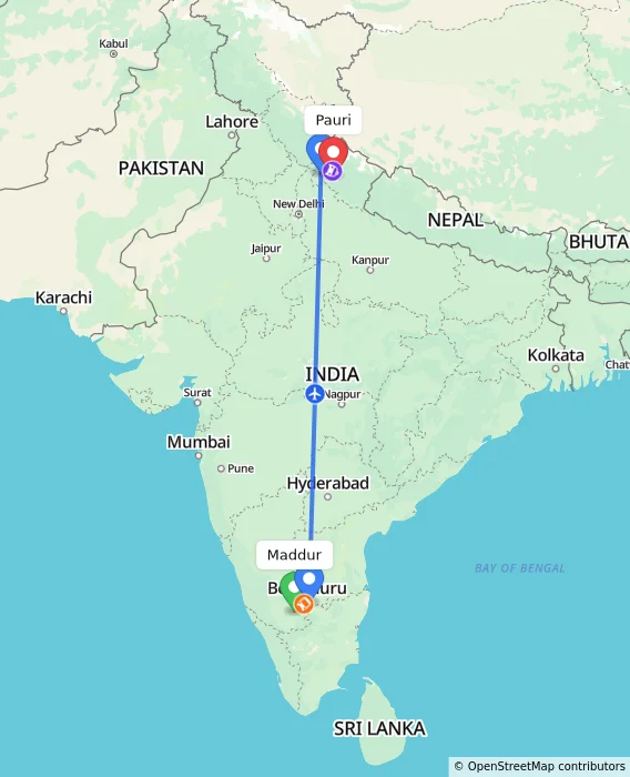 Route map showing distance and travel time from Maddur, India to Pauri, India