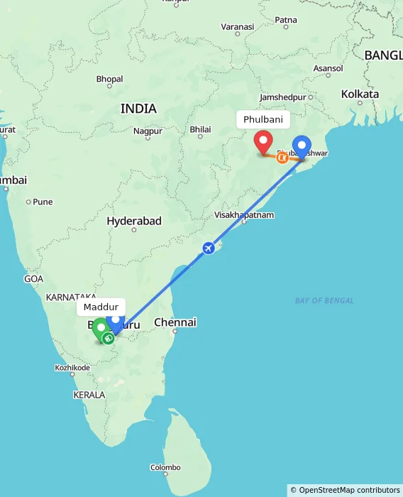 Route map showing distance and travel time from Maddur, India to Phulbani, India