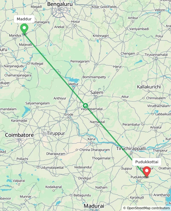 Route map showing distance and travel time from Maddur, India to Pudukkottai, India