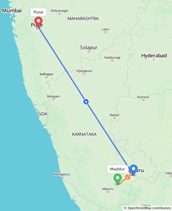 Route map showing distance and travel time from Maddur, India to Pune, India
