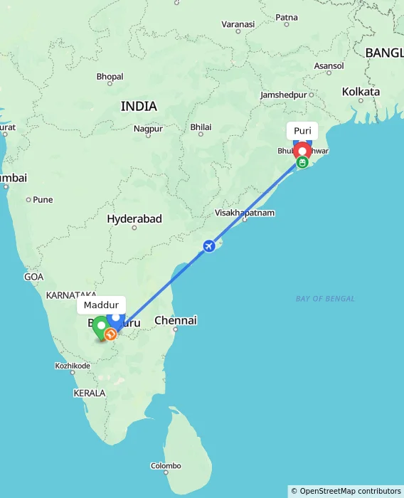 Route map showing distance and travel time from Maddur, India to Puri, India