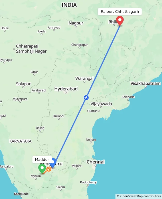 Route map showing distance and travel time from Maddur, India to Raipur, Chhattisgarh, India