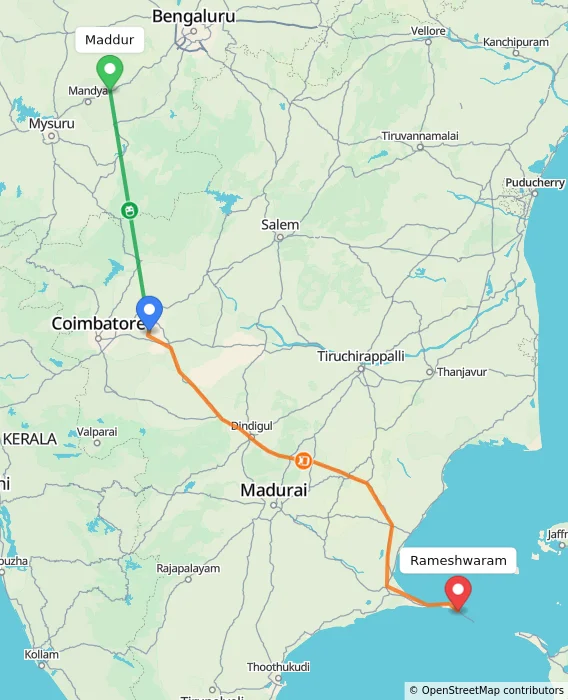 Route map showing distance and travel time from Maddur, India to Rameshwaram, India