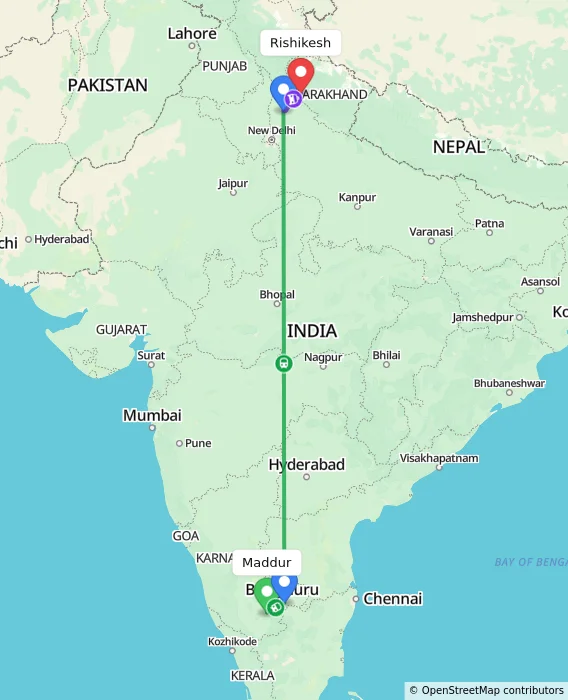 Route map showing distance and travel time from Maddur, India to Rishikesh, India