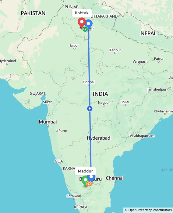 Route map showing distance and travel time from Maddur, India to Rohtak, India