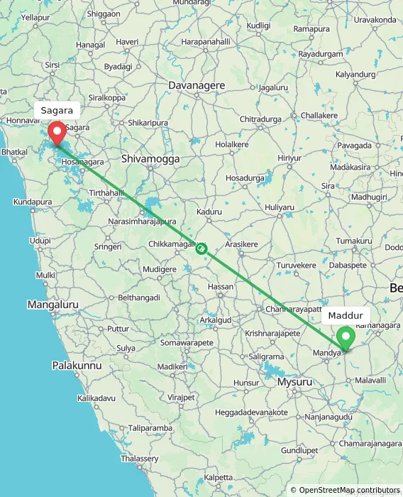 Route map showing distance and travel time from Maddur, India to Sagara, India