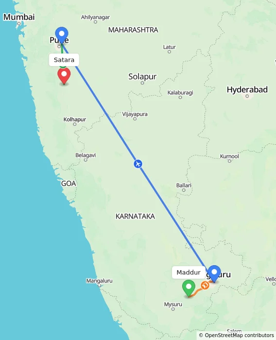 Route map showing distance and travel time from Maddur, India to Satara, India