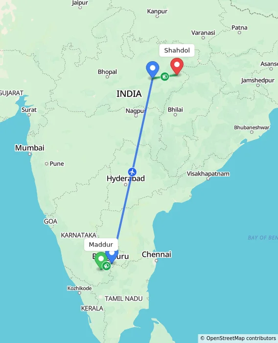 Route map showing distance and travel time from Maddur, India to Shahdol, India