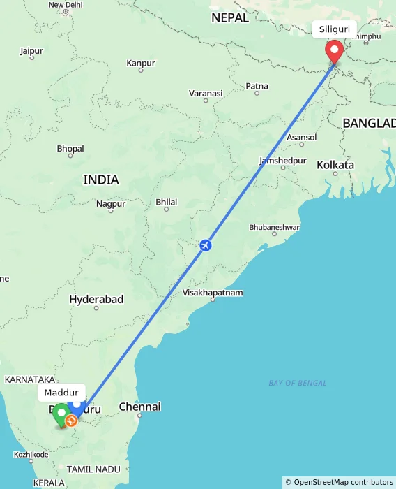 Route map showing distance and travel time from Maddur, India to Siliguri, India