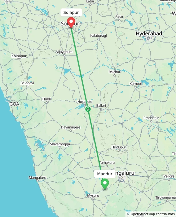 Route map showing distance and travel time from Maddur, India to Solapur, India