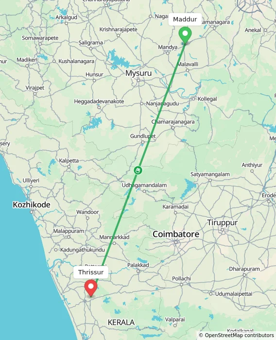 Route map showing distance and travel time from Maddur, India to Thrissur, India