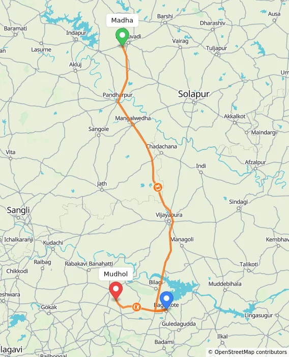 Route map showing distance and travel time from Madha, India to Mudhol, India