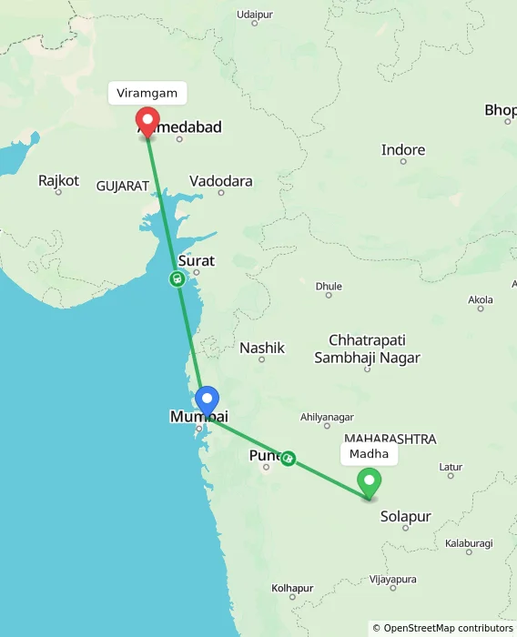 Route map showing distance and travel time from Madha, India to Viramgam, India