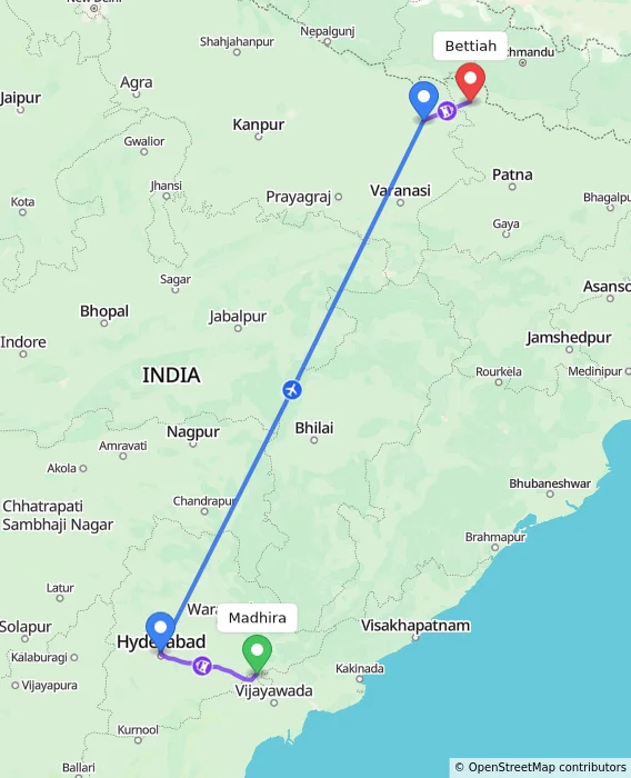 Route map showing distance and travel time from Madhira, India to Bettiah, India