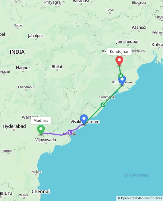 Route map showing distance and travel time from Madhira, India to Kendujhar, India
