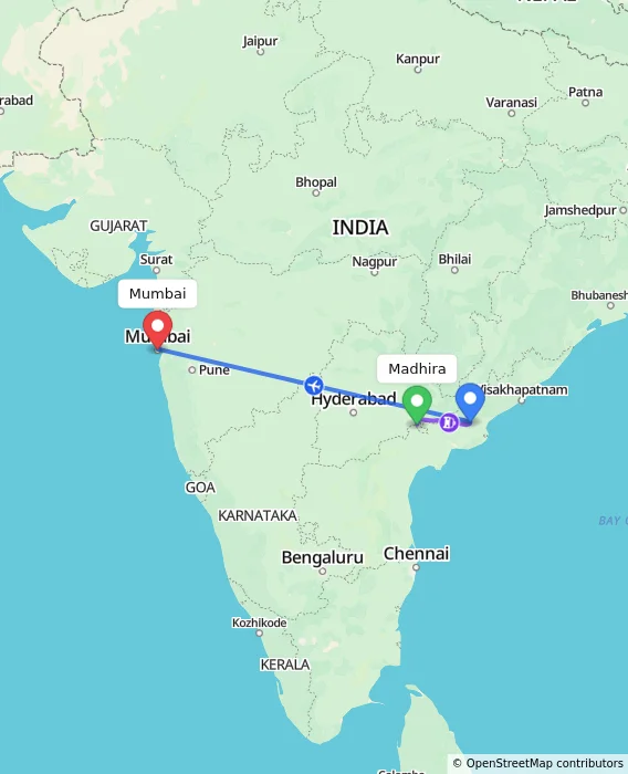 Route map showing distance and travel time from Madhira, India to Mumbai, India