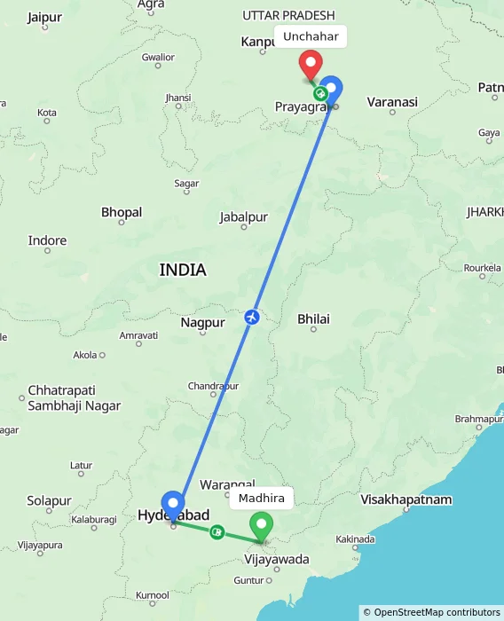 Route map showing distance and travel time from Madhira, India to Unchahar, India