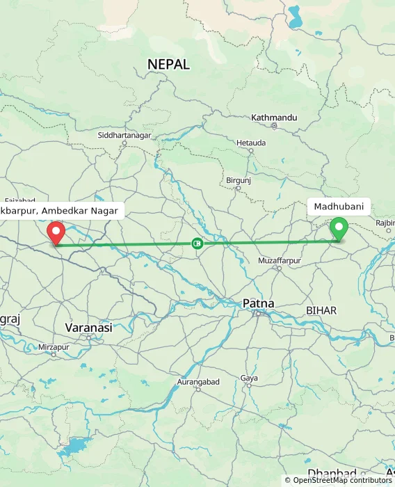 Route map showing distance and travel time from Madhubani, India to Akbarpur, Ambedkar Nagar, India